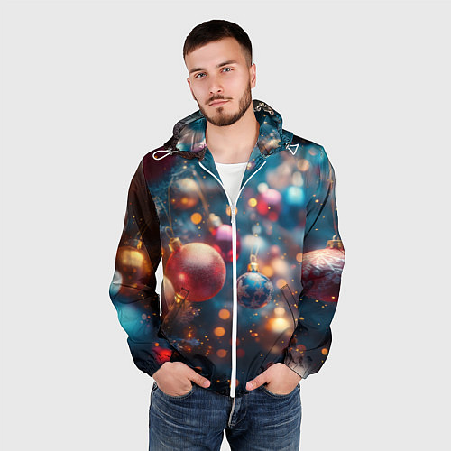 Мужская ветровка Красные и синие шары на фоне елки / 3D-Белый – фото 3