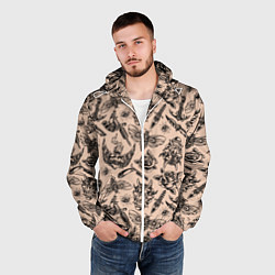 Ветровка с капюшоном мужская Татуировка с цикадой и демоном Они - паттерн, цвет: 3D-белый — фото 2