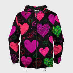 Ветровка с капюшоном мужская Сердечки на черном, цвет: 3D-черный