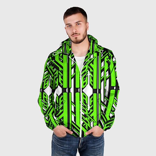 Мужская ветровка Чёрно-зелёные техно полосы на белом фоне / 3D-Белый – фото 3