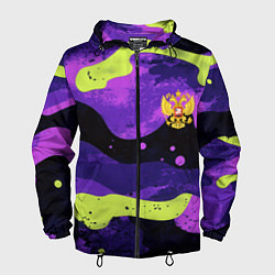 Ветровка с капюшоном мужская Черно-фиолетовый камуфляж и золотой герб РФ, цвет: 3D-черный