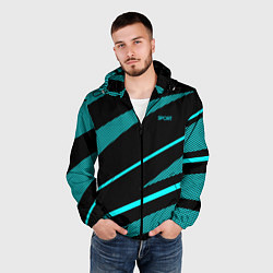 Ветровка с капюшоном мужская Sport чёрный и неоновый голубой абстракция с полос, цвет: 3D-черный — фото 2