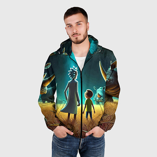 Мужская ветровка Морти и Рик на планете носорогов - неоновое свечен / 3D-Черный – фото 3