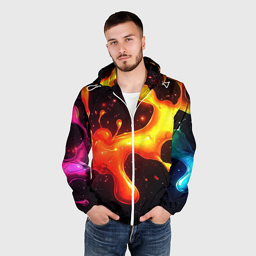 Мужская ветровка Радужные кляксы на черном фоне / 3D-Белый – фото 3