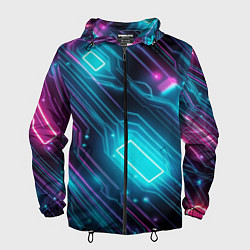 Ветровка с капюшоном мужская Неоновый узор киберпанк микросхемы, цвет: 3D-черный