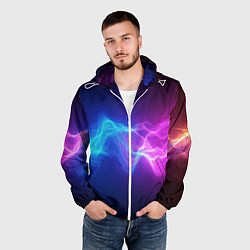 Ветровка с капюшоном мужская Звуковая волна неоновый узор, цвет: 3D-белый — фото 2