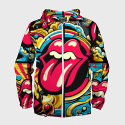 Ветровка с капюшоном мужская Rolling Stones logo - pop art pattern, цвет: 3D-белый