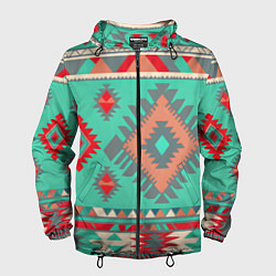 Ветровка с капюшоном мужская Оранжево бирюзовый геометрический узор в стиле ацт, цвет: 3D-черный