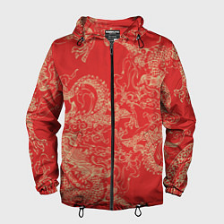 Ветровка с капюшоном мужская Золотые драконы на красном, цвет: 3D-черный