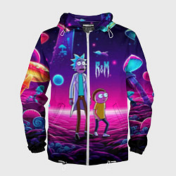 Ветровка с капюшоном мужская Морти и Рик на планете неоновых сказочных грибов, цвет: 3D-белый