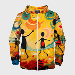 Ветровка с капюшоном мужская Радостные солнечные человечки, цвет: 3D-белый