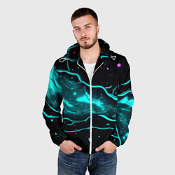 Ветровка с капюшоном мужская Голубые неоновые волны текстура, цвет: 3D-белый — фото 2