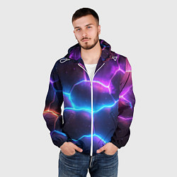 Ветровка с капюшоном мужская Синие и фиолетовые молнии в разломе, цвет: 3D-белый — фото 2