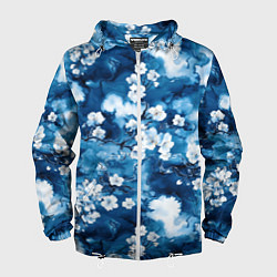 Ветровка с капюшоном мужская Цветы белой сакуры - паттерн на синем фоне, цвет: 3D-белый