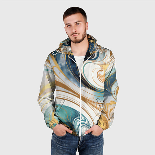 Мужская ветровка Аквамарин и оранж узор с завитками / 3D-Белый – фото 3