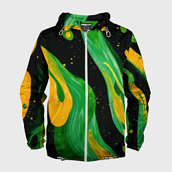 Ветровка с капюшоном мужская Зелено-желтая краска на черном, цвет: 3D-белый