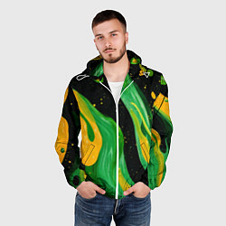 Ветровка с капюшоном мужская Зелено-желтая краска на черном, цвет: 3D-белый — фото 2