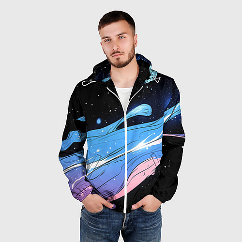 Мужская ветровка Синяя волна на черном - текстура / 3D-Белый – фото 3