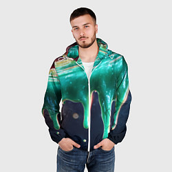 Ветровка с капюшоном мужская Текстура стекающая зеленая клякса, цвет: 3D-белый — фото 2
