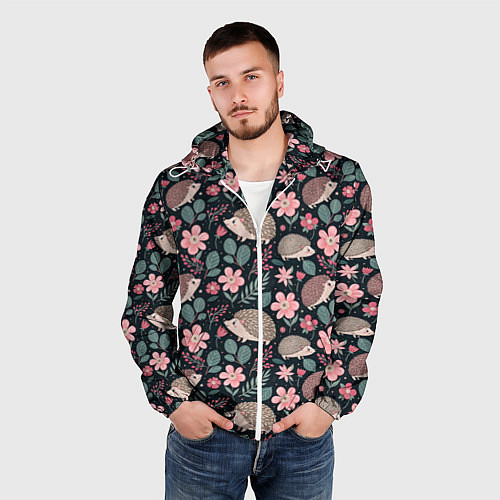 Мужская ветровка Ёжики в цветах / 3D-Белый – фото 3