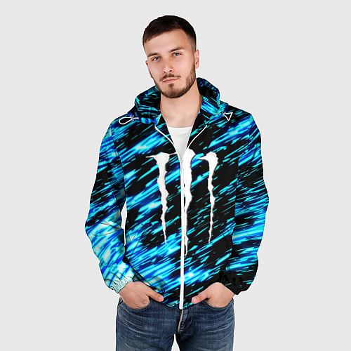 Мужская ветровка Monster energy штрихи голубых неоновых красок / 3D-Белый – фото 3