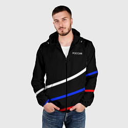 Ветровка с капюшоном мужская Россия чёрный с полосами бело-сине-красные, цвет: 3D-черный — фото 2