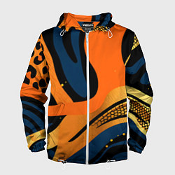 Ветровка с капюшоном мужская Леопардовый с синим и оранжевым, цвет: 3D-белый