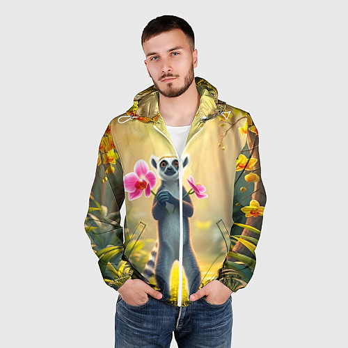 Мужская ветровка Лемур несёт орхидеи для любимой / 3D-Белый – фото 3
