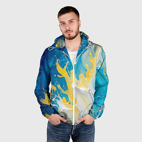 Мужская ветровка Масляные краски, брызги, желтые белые синие цвета / 3D-Белый – фото 3