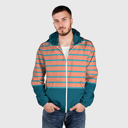 Мужская ветровка Полосатый мандариновый морской рассвет с однотоном / 3D-Белый – фото 3