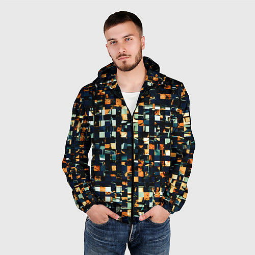Мужская ветровка Тёмный синий с оранжевым кубики абстракция / 3D-Черный – фото 3
