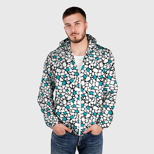 Мужская ветровка Мелкий синий белый мозаичный узор на черном / 3D-Белый – фото 3