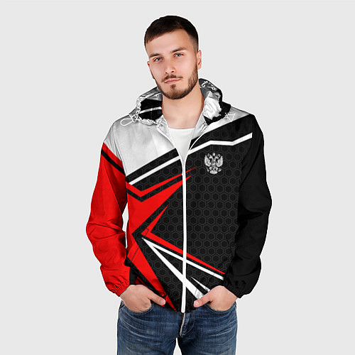 Мужская ветровка Герб России - красный спортивный / 3D-Белый – фото 3