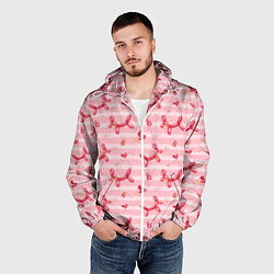 Ветровка с капюшоном мужская Красные шарики-собачки на розовых полосках, цвет: 3D-белый — фото 2