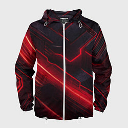 Ветровка с капюшоном мужская Красные неоновые линии на черном фоне техно стиль, цвет: 3D-белый
