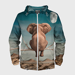 Ветровка с капюшоном мужская Задумчивый слон: пустыня, цвет: 3D-белый