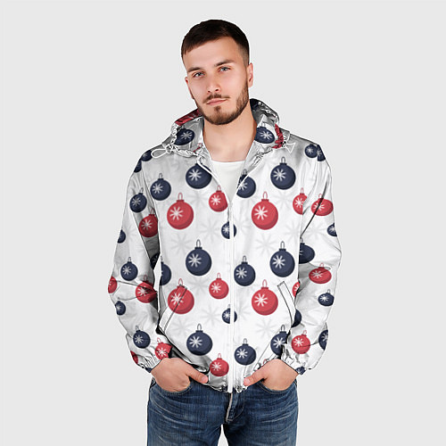 Мужская ветровка Синие и красные новогодние шары со снежинками / 3D-Белый – фото 3