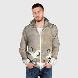 Ветровка с капюшоном мужская Журавли на снегу, цвет: 3D-белый — фото 2