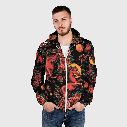 Мужская ветровка Красная лошадь с розами / 3D-Белый – фото 3