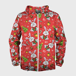Ветровка с капюшоном мужская Новогодний паттерн с зайчиком, цвет: 3D-белый