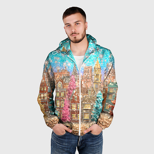 Мужская ветровка Новогодний город в блестках / 3D-Белый – фото 3