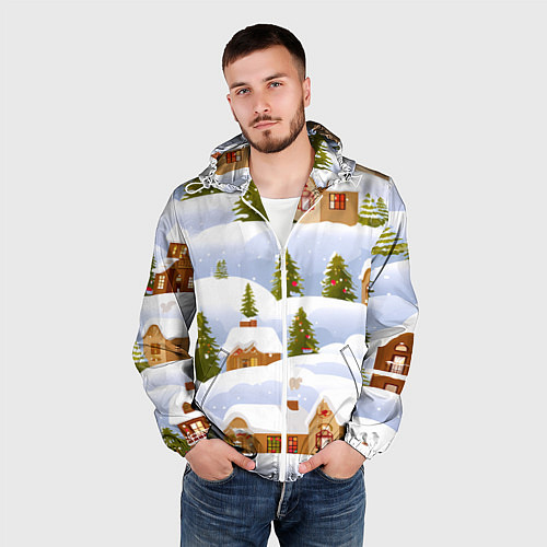 Мужская ветровка Новогодние домики и елочки / 3D-Белый – фото 3