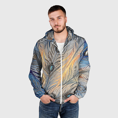 Мужская ветровка Синие перья с самоцветами / 3D-Белый – фото 3