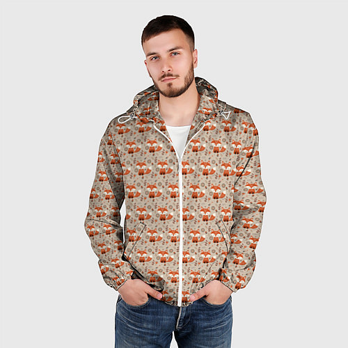 Мужская ветровка Лиса сидит среди цветов и листьев / 3D-Белый – фото 3