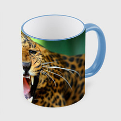 Кружка 3D Свирепый леопард, цвет: 3D-небесно-голубой кант