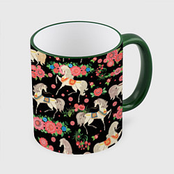 Кружка 3D Лошади и цветы, цвет: 3D-зеленый кант