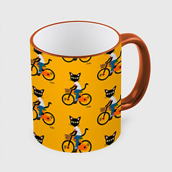 Кружка 3D Котики на велосипедах, цвет: 3D-оранжевый кант