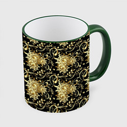 Кружка 3D Золотые абстрактные цветы, цвет: 3D-зеленый кант