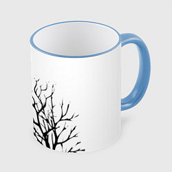 Кружка 3D Черные ветки деревьев на белом фоне, цвет: 3D-небесно-голубой кант