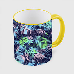 Кружка 3D Разноцветные Листья Пальм, цвет: 3D-желтый кант
